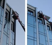 Καθαρισμός τζαμιών κτηρίου με χρήση γερανού και αναβατορίου Καθαρισμός τζαμιών κτηρίου με χρήση γερανού και αναβατορίου