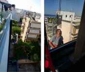 Καθαρισμός τζαμιών κτηρίου με χρήση γερανού και αναβατορίου Καθαρισμός τζαμιών κτηρίου με χρήση γερανού και αναβατορίου